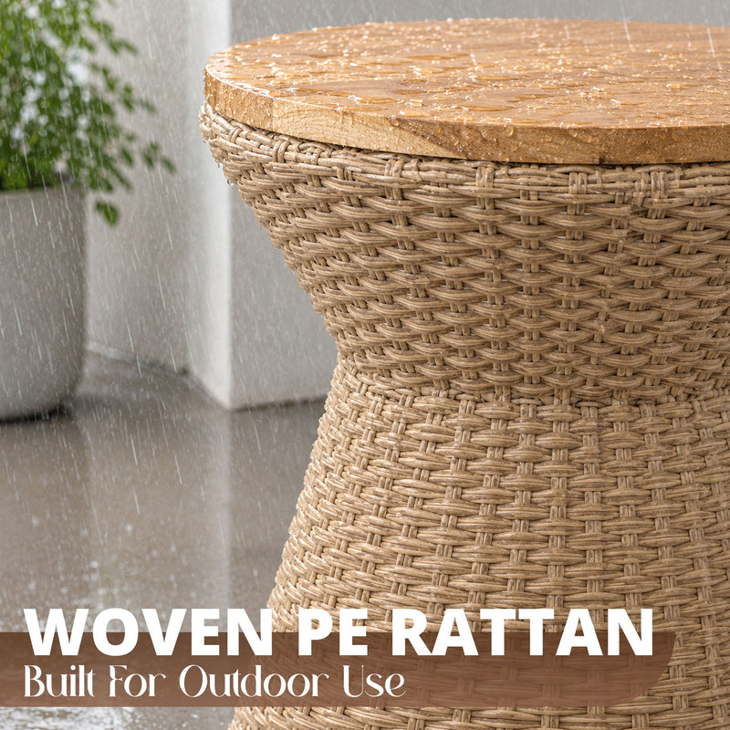 Stool With Lid, Wicker Accent Table, Indoor Outdoor Side Table - Brown White