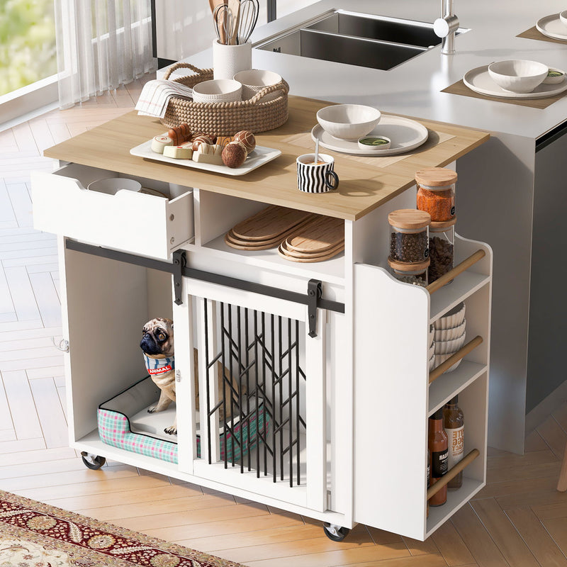 Modern Style 2 In 1 Pet Friendly Dog Crate Kitchen Island End Table Metal Pine - Natural / White