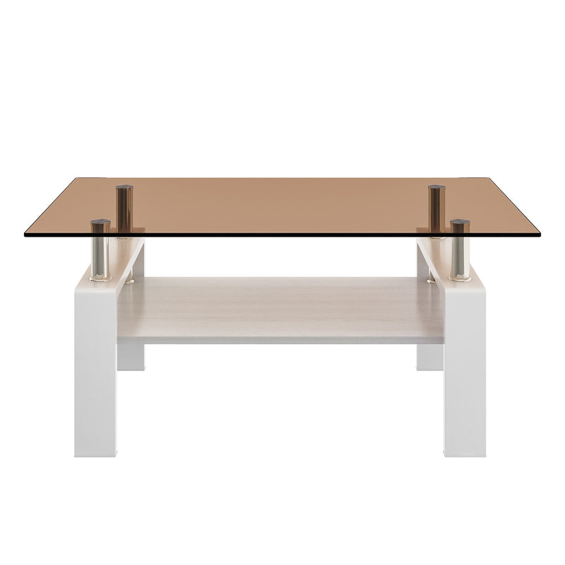 Modern Rectangular Coffee Table With Tempered Transparent Glass Top And Storage Shelf