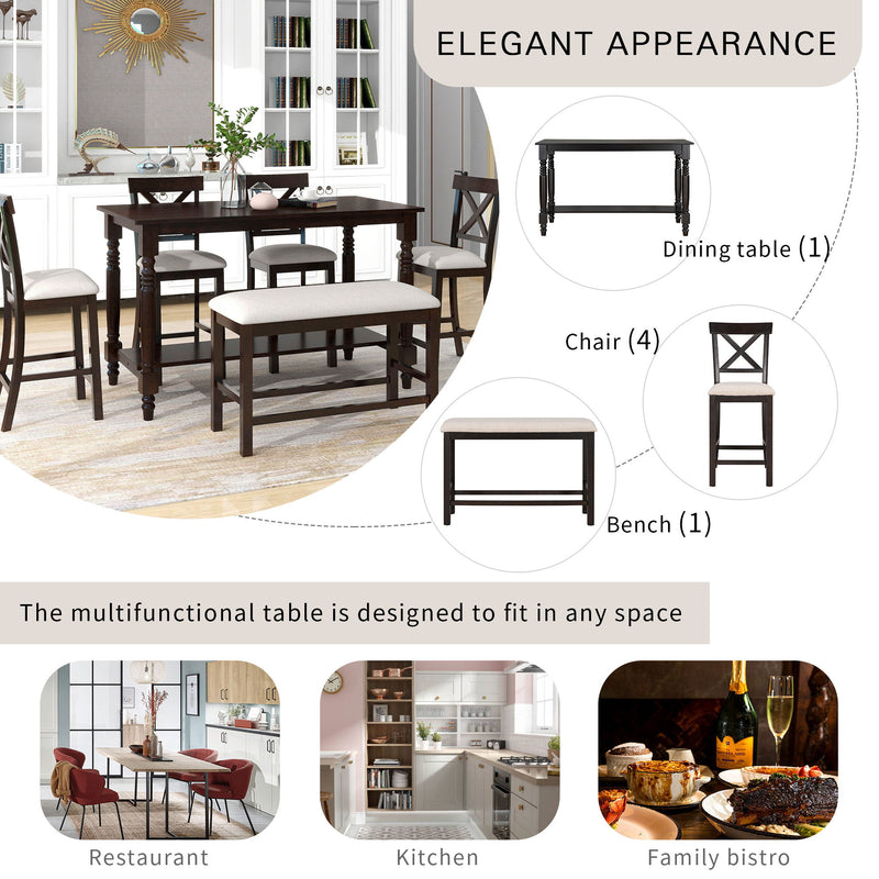 Counter Height Dining Set With Shelf, 4 Chairs And Bench
