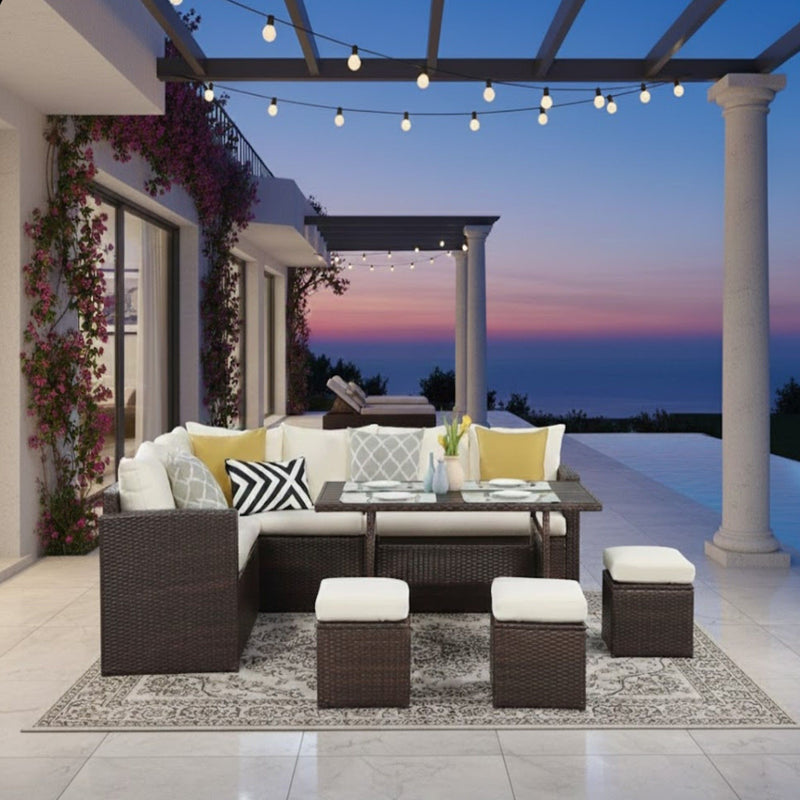 7 Piece Patio Dining Set With Cushions, Modular Sectional Sofa & Storage Table