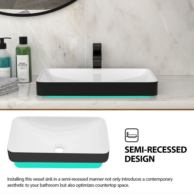 Semi Recessed Bathroom Sink With Vessel Design, Durable Glazed - White / Black