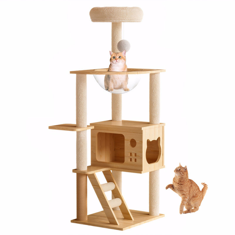 Modern Cat Tower, Wood Cat Tree Tower For Indoor Cats, Cat Tree With Sisal Covered Scratching Posts And Top Perch - Natural / White