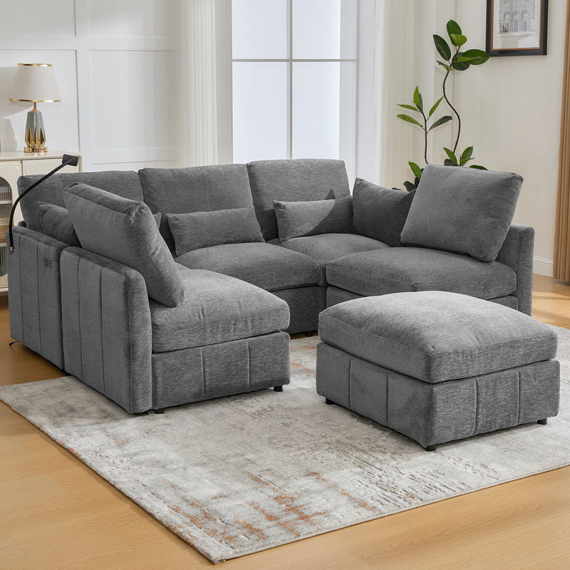 Modern Modular U-Shaped Sofa Bed With Movable Ottoman, USB Ports, Phone Holder