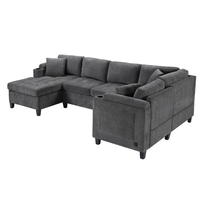 U Shaped Sectional Sofa, Corner Living Room Couch With Built In Cup Holders, Storage, USB Ports