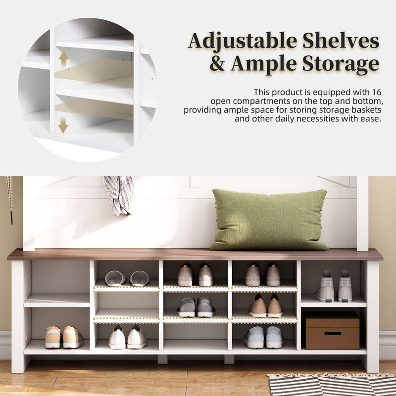 4 In 1 Hall Tree With 6 Hooks, Entryway Bench With Adjustable Shelves - White