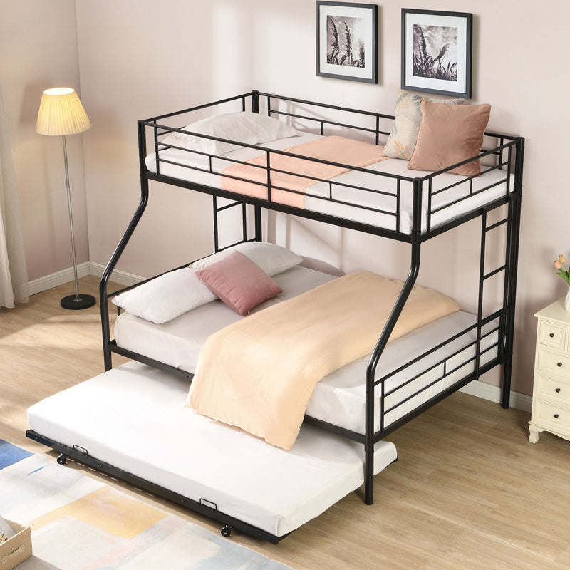 Twin Over Full Modern Metal Bunk Bed With Trundle - Black