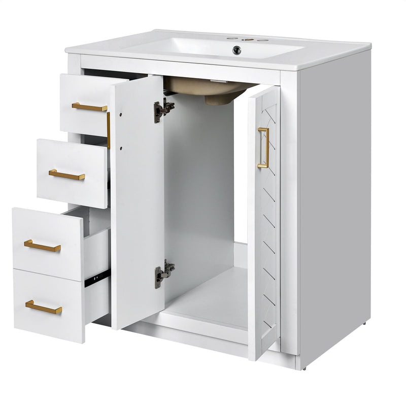 Ceramic Sink Combo, Freestanding Vanity Set With 3 Drawers & Soft Closing Doors