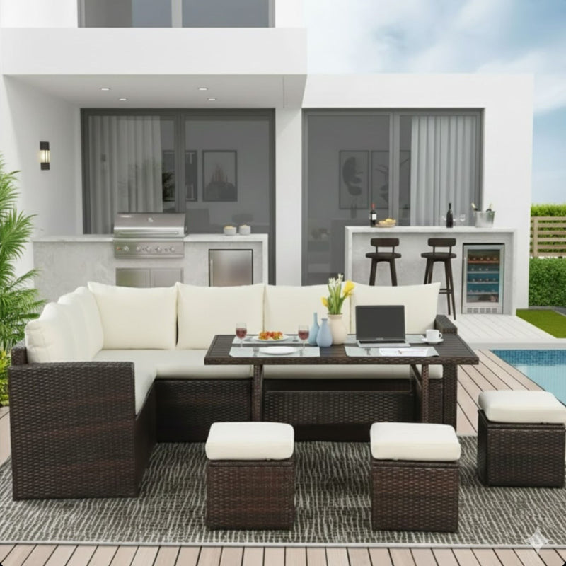 7 Piece Outdoor Dining Set With Cushions, Modular Sectional Sofa And Table