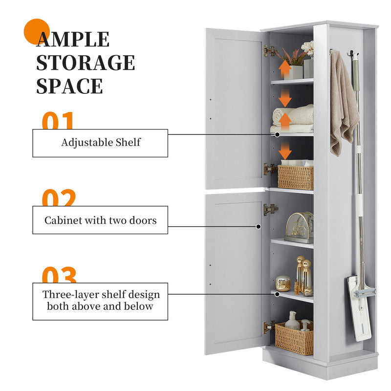 Tall Freestanding Bathroom Storage Cabinet With Adjustable Shelves And Side Hooks