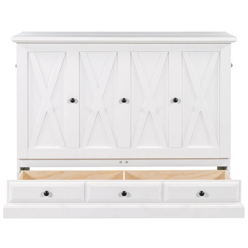 Full Solid Pine Murphy Bed Chest Cube Cabinet Bed With Charging Station And Large Storage Drawer For Home Office Or Small Room - White