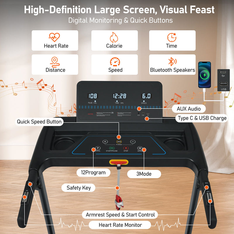 Folding Treadmills For Home Small, 3.0Hp Portable, 10Mph Walking Pad With Incline, Bluetooth, Heart Rate Sensors, Charge Station - Black