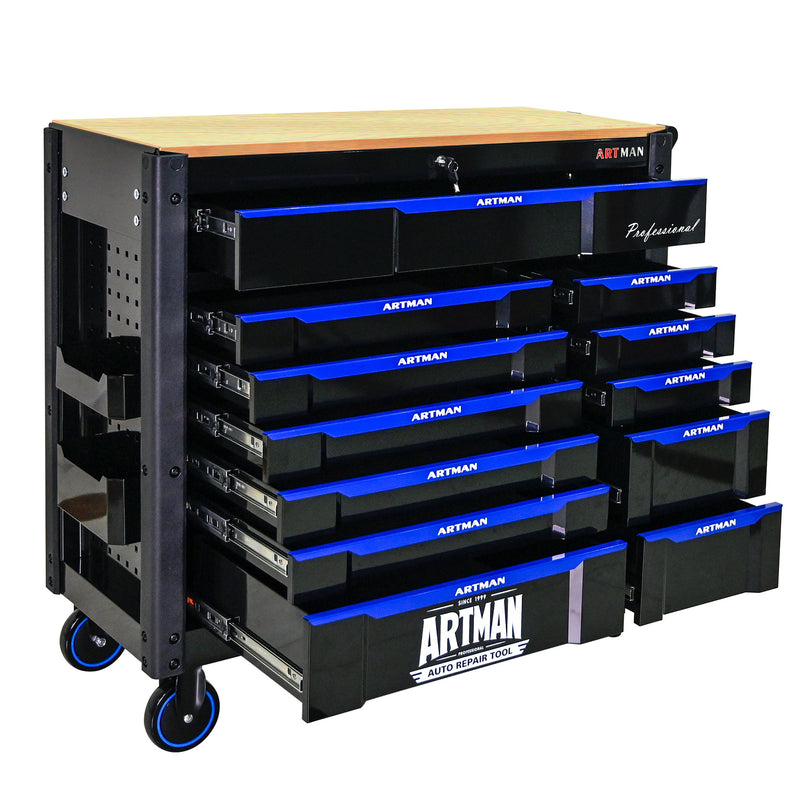 12 Layer Drawer Multi Purpose Tool Cart With Wheels And Wooden Countertops - Black / Blue