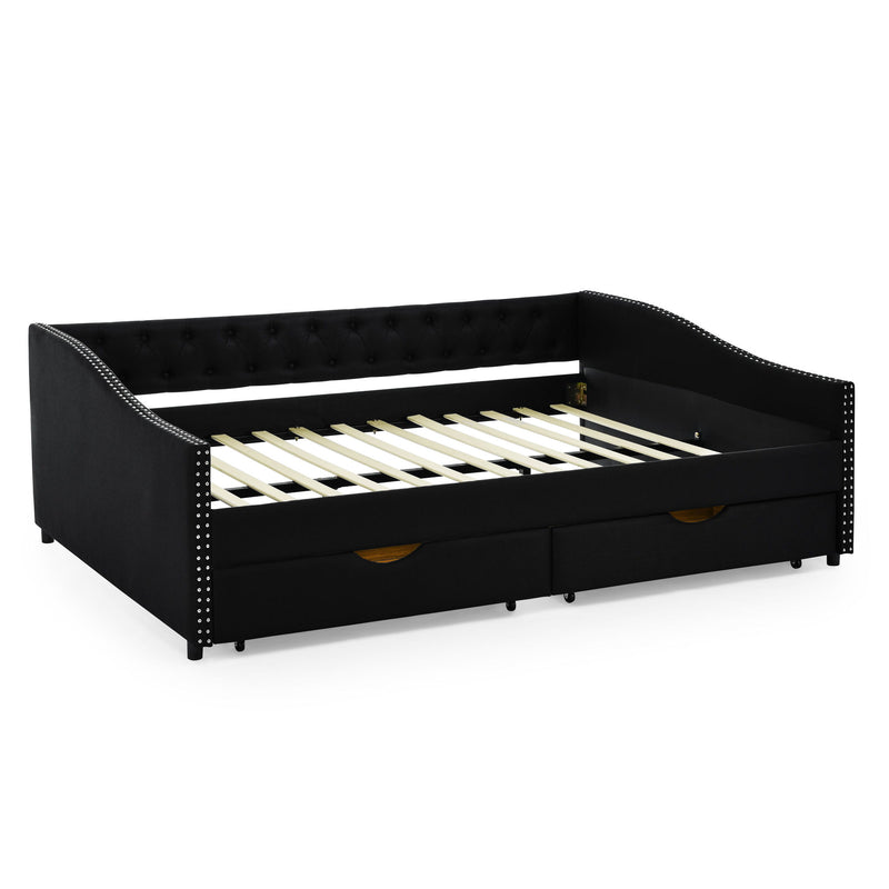 Upholstered Tufted Daybed With 2 Drawers, Waved Arms