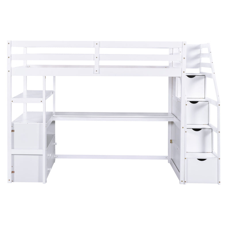 Loft Bed With Desk, Shelves, 2 Drawers, Storage Staircase