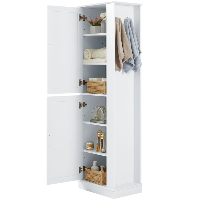 Tall Freestanding Bathroom Storage Cabinet With Adjustable Shelves And Side Hooks