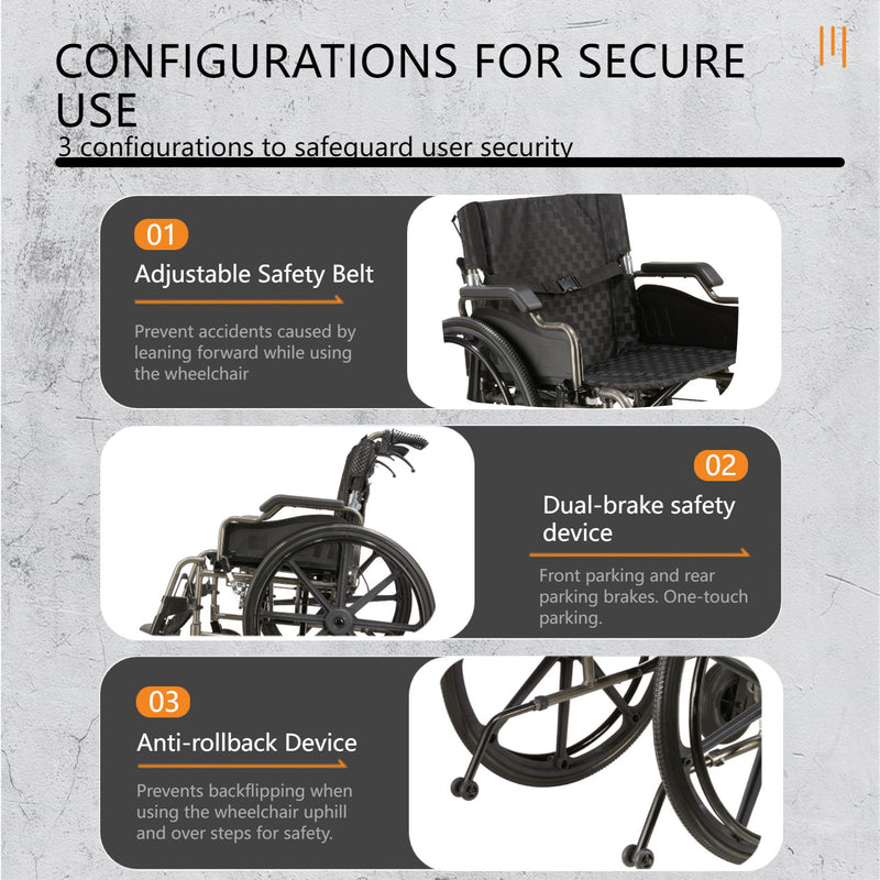 Lightweight Foldable Nursing Wheelchair For Adults Double X Force Support, 300Lbs Capacity, Breathable Cushion & Anti Backflip Design With Tires, Adjustable Seat Belt, Quick Release Wheels - Dark Gray