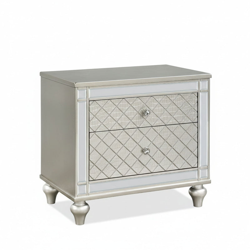 2 Drawer Nightstand With Diamond Patterned Fronts - Silver