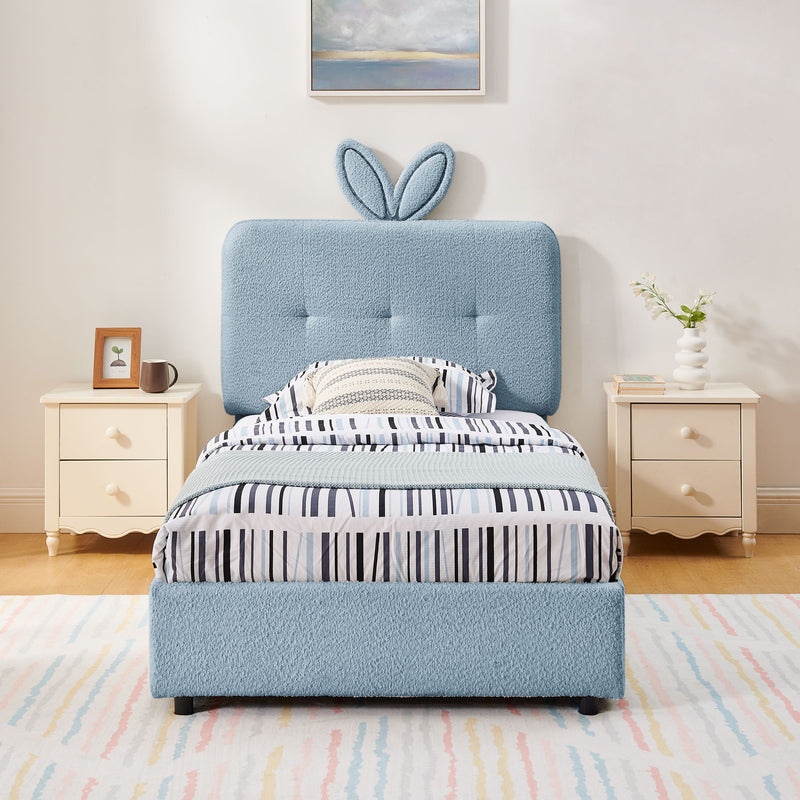 Upholstered Bed With Oversized Rabbit Ear Headboard, LED Lights & 4 Storage Drawers