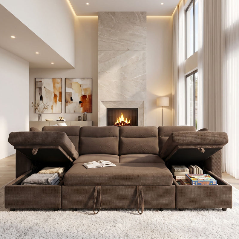 Convertible Sectional Sofa With Storage Chaise, Cup Holders And Pull Out Sleeper