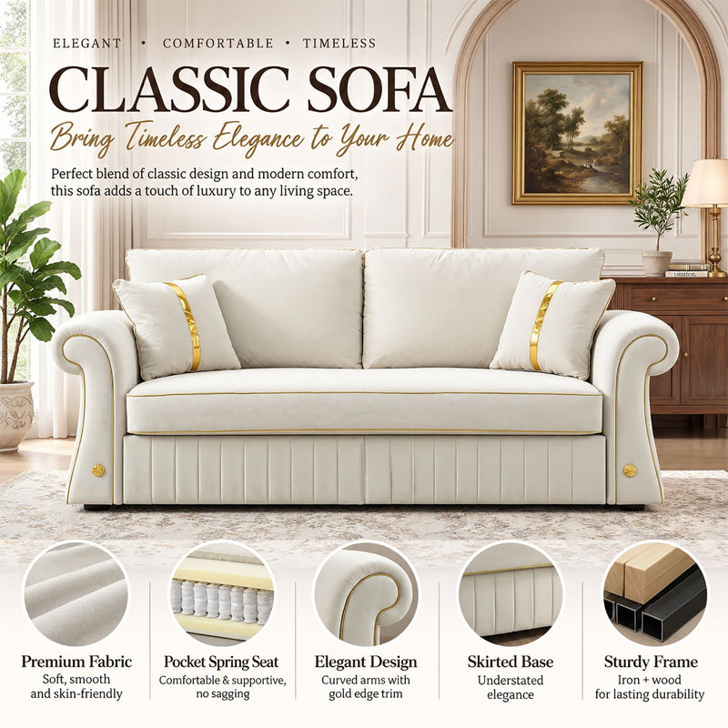 Sofa With Rolled Arms, 3 Seater Couch, Living Room Accent