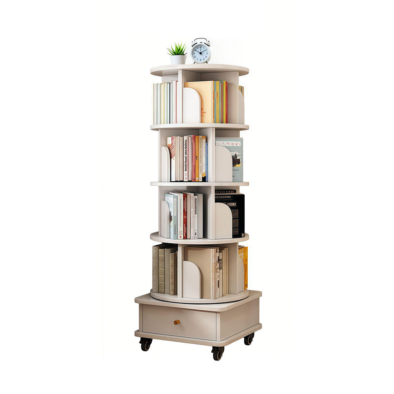 Rotating Bookshelf With Wheels And Drawer, 360° Spinning Design, Space Saving Storage