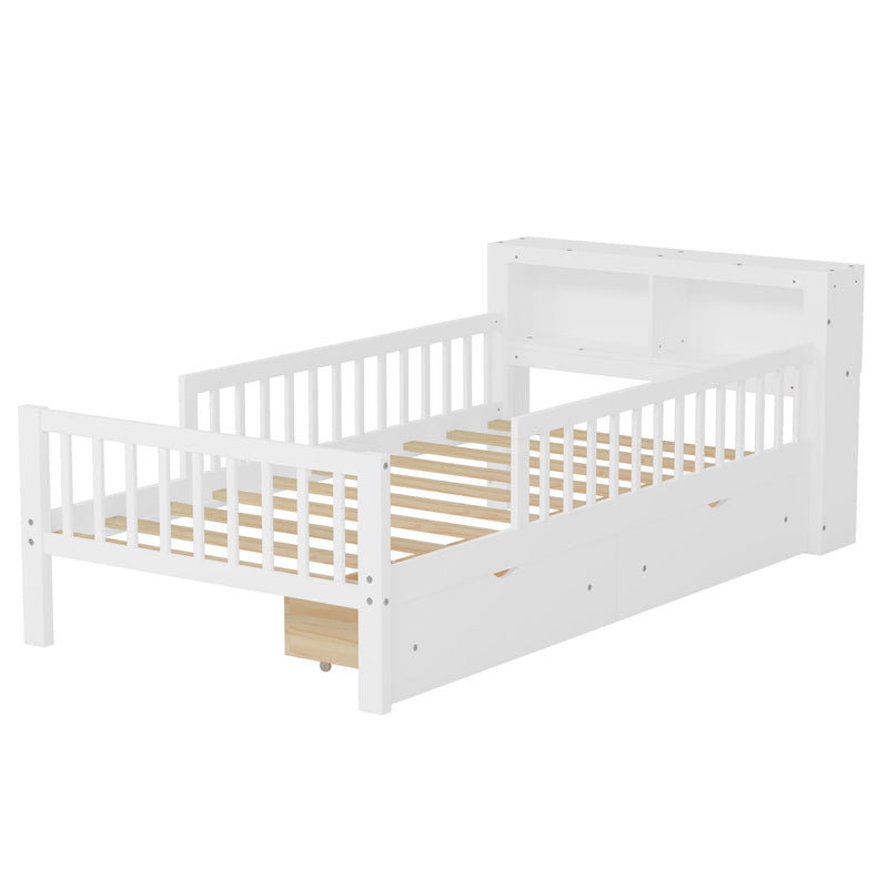 Bed With Headboard Storage Rack, 2 Under Bed Drawers, 3 Side Guardrails For Safety