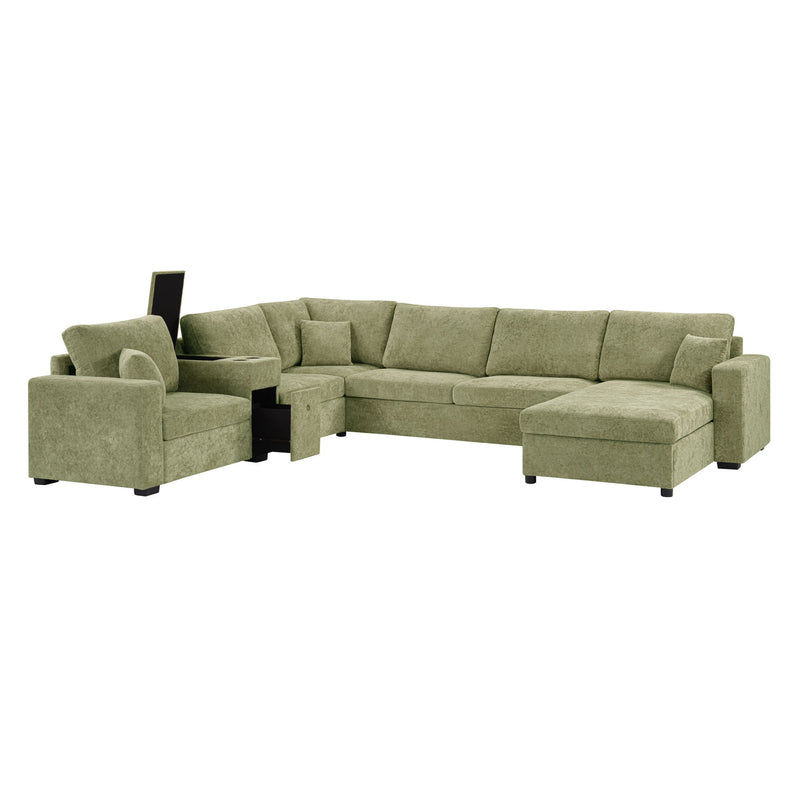 Modular 5 Seat U-Shape Sectional Sofa With Chaise Lounge, Built In Cup Holders And Storage Drawer