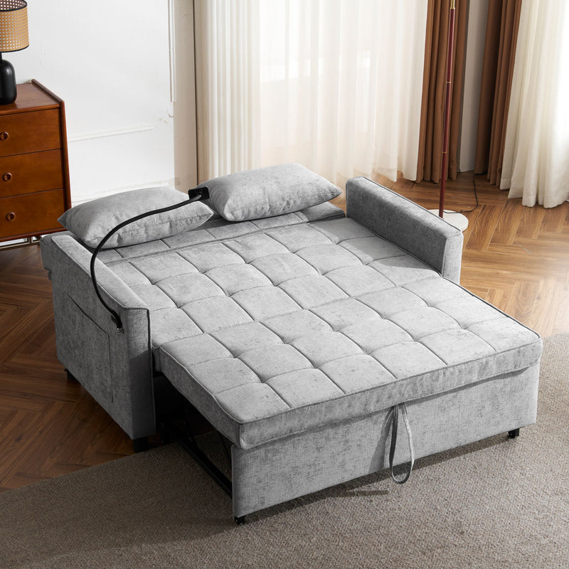 Pull-Out Sleeper Sofa With Reversible Backrest Cushion, Side Pockets, 2 USB Ports And A Phone Holder For Living Room