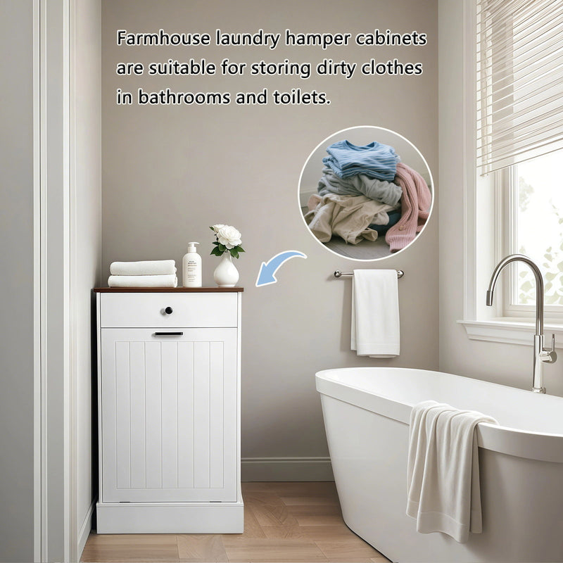 Tilt Out Trash Cabinet With Drawer, 10 Gallon Hamper - White