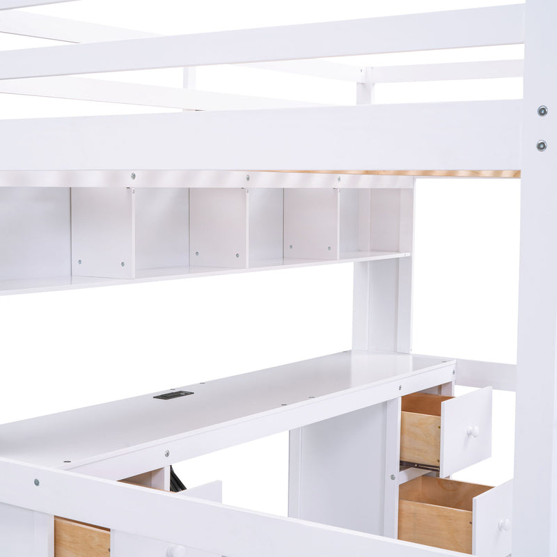Full Size Loft Bed With Desk, Cabinets, Drawers, Charging Station And Bedside Tray, Sturdy Frame, No Box Spring Required - White