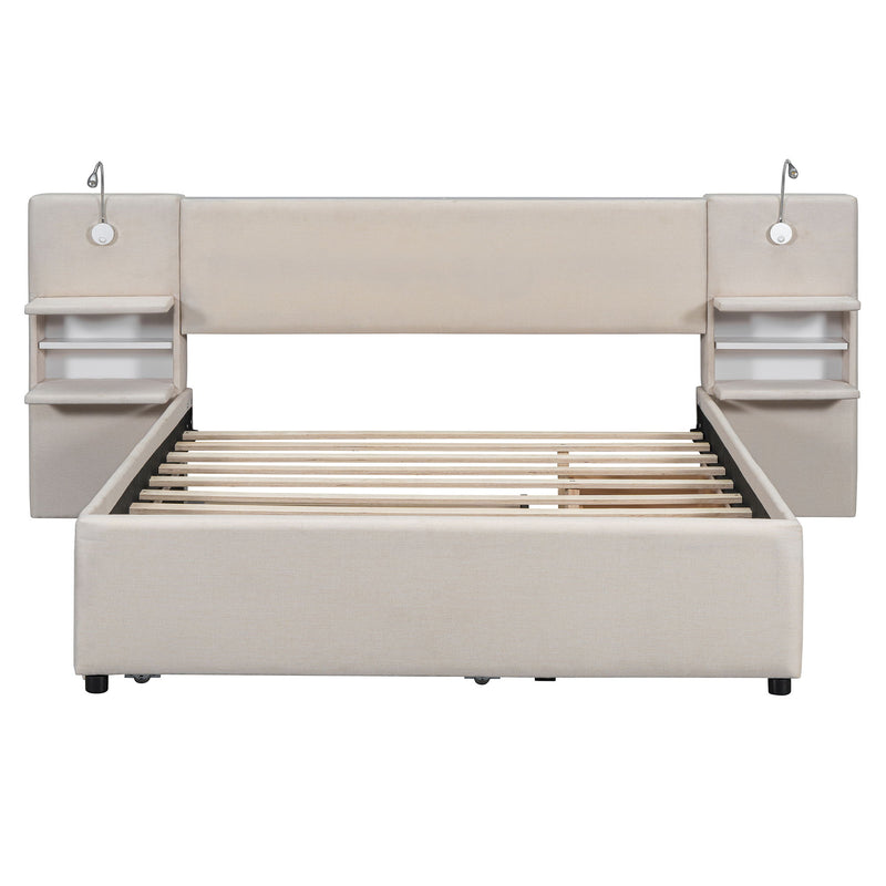 Upholstered Platform Bed With Reading Lights, Drawers, Trundle And Shelves
