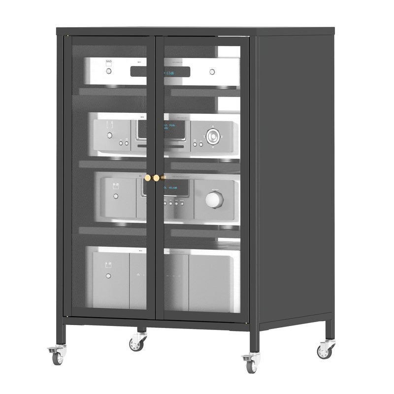 Media Storage Cabinet With Wheels, 4 Adjustable Glass Shelves & Door, Heavy-Duty - Black
