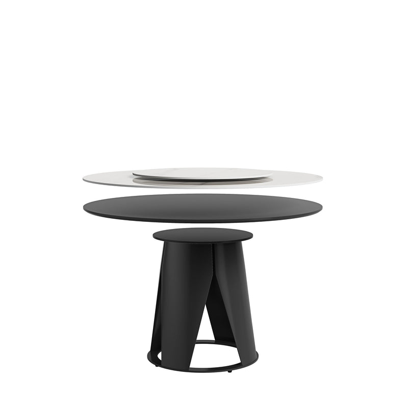 Modern Sintered Stone Dining Table With Round Turntable And Metal Pedestal - White