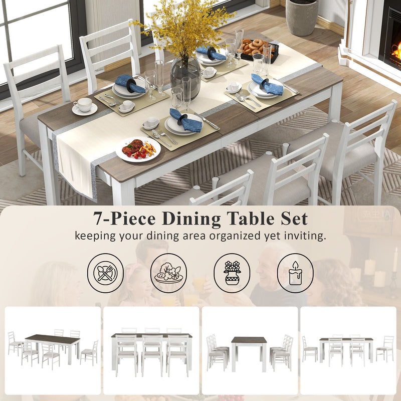 7 Piece Dining Set With Extendable Table, 2 Drawers & 6 Upholstered Chairs