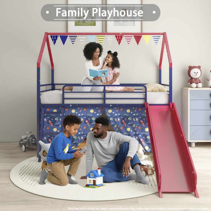 Jack - House Loft Bed With Slide And Curtain Set