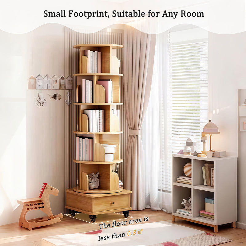 6 Tier Rotating Bookshelf With Wheels And Drawer, 360° Spinning Design, Space Saving Storage, For Home - Wood