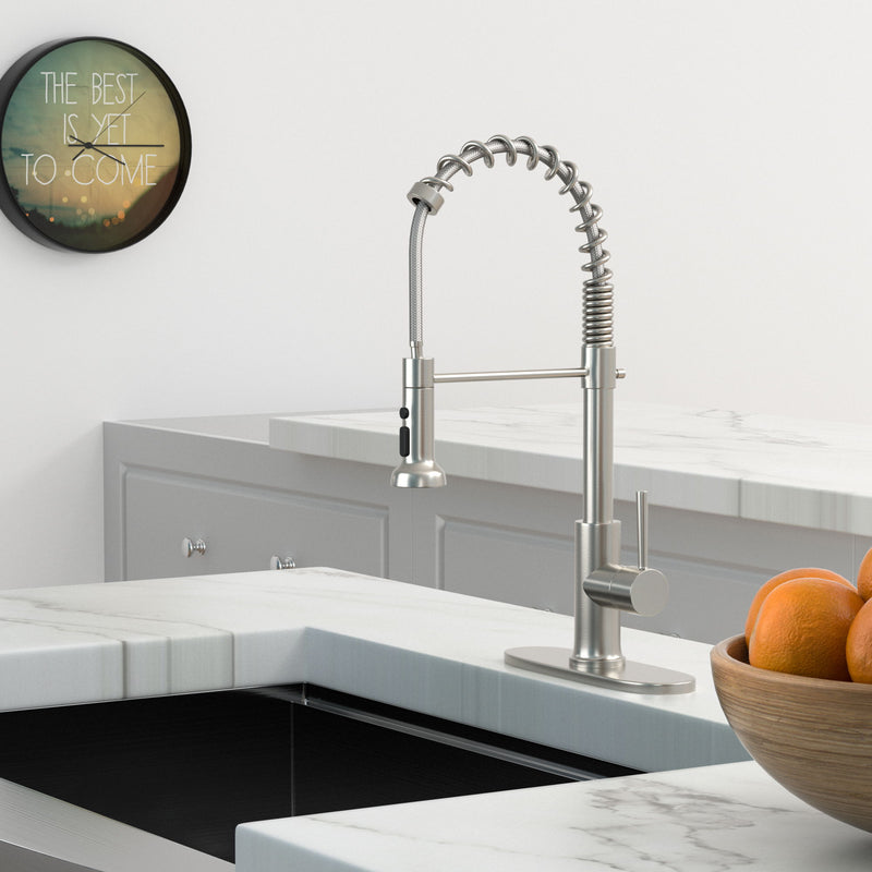 21" Commercial Kitchen Faucet With Dual Function Pull Down Sprayhead In, Stainless Steel - Brushed Nickel
