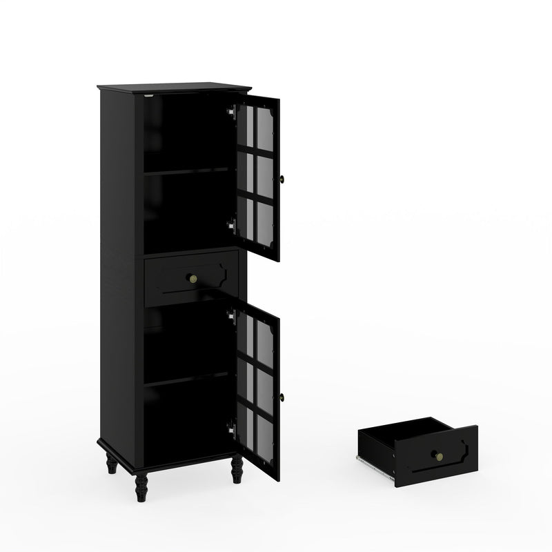Storage Cabinet, Freestanding Curio Cabinet With Grid Doors & Drawer, Pantry Display Cabinet For Kitchen